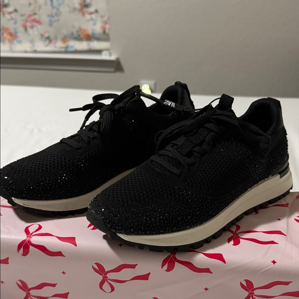 Zara Black Knit Lace-Up Platform Sneakers NWT Women size 8